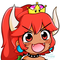 Redhead Bowsette smiling, showing two small canines.